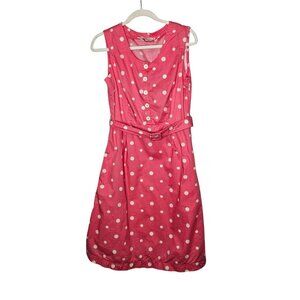 Cath Kidston Pink Polka Dot Sleeveless Belted Dress 10 Side Zip Retro Pockets‎